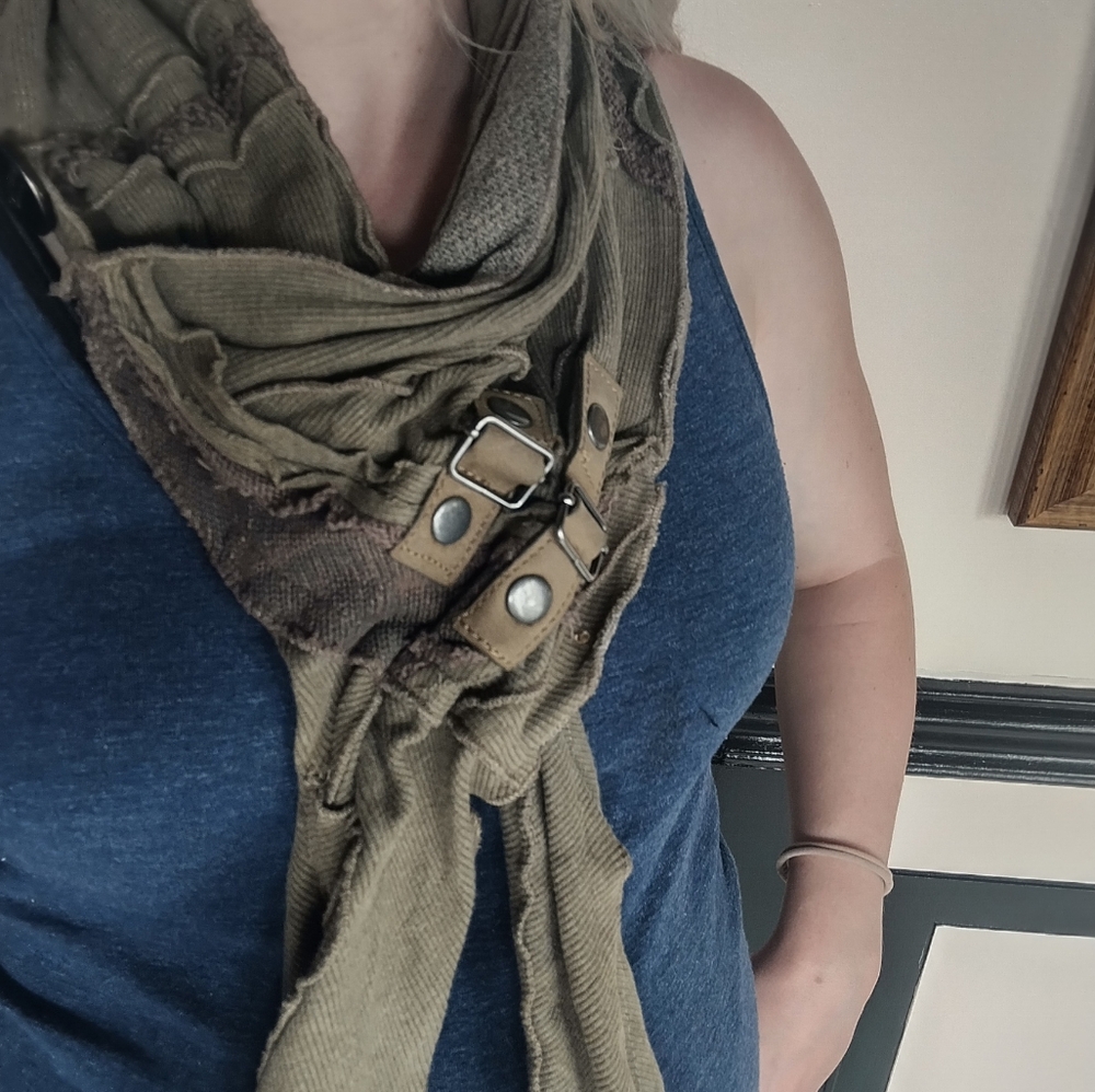 SILK WORM Olive Green Patchwork Scarf - Handmade One-of-a-Kind